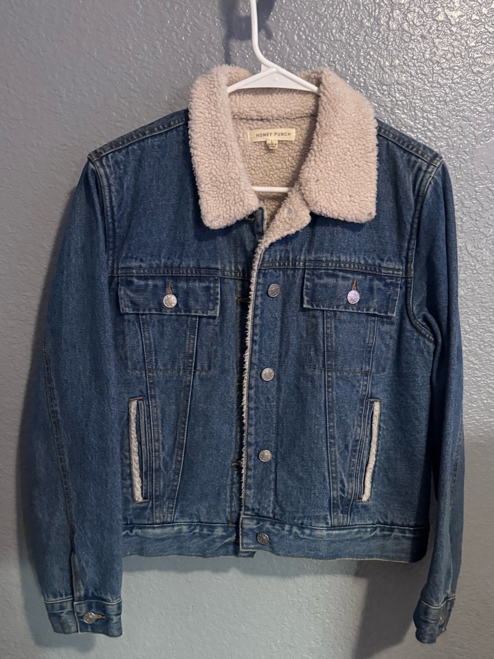 Honey Punch Blue Denim Jacket with Cream Sherpa Collar